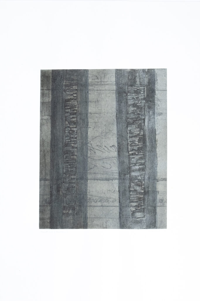 Wand mit 2 Balken, Mischtechnik auf Radierung, 33 x 76 cm, 1979