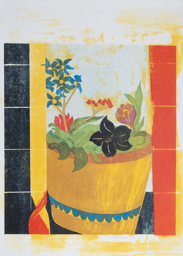 Blumen am Fenster, Farblithografie, 32 x 37 cm, Auflage 5, 1968