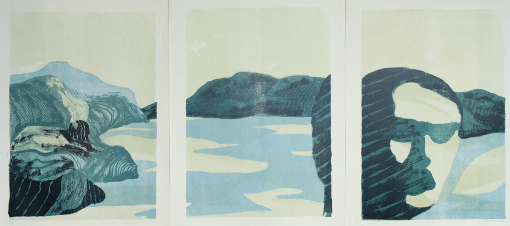 Triptichon, Landschaft1 und 2, Gesicht vor Landschaft, Lithografie, 29 x 42 cm, Auflage 6, 1968