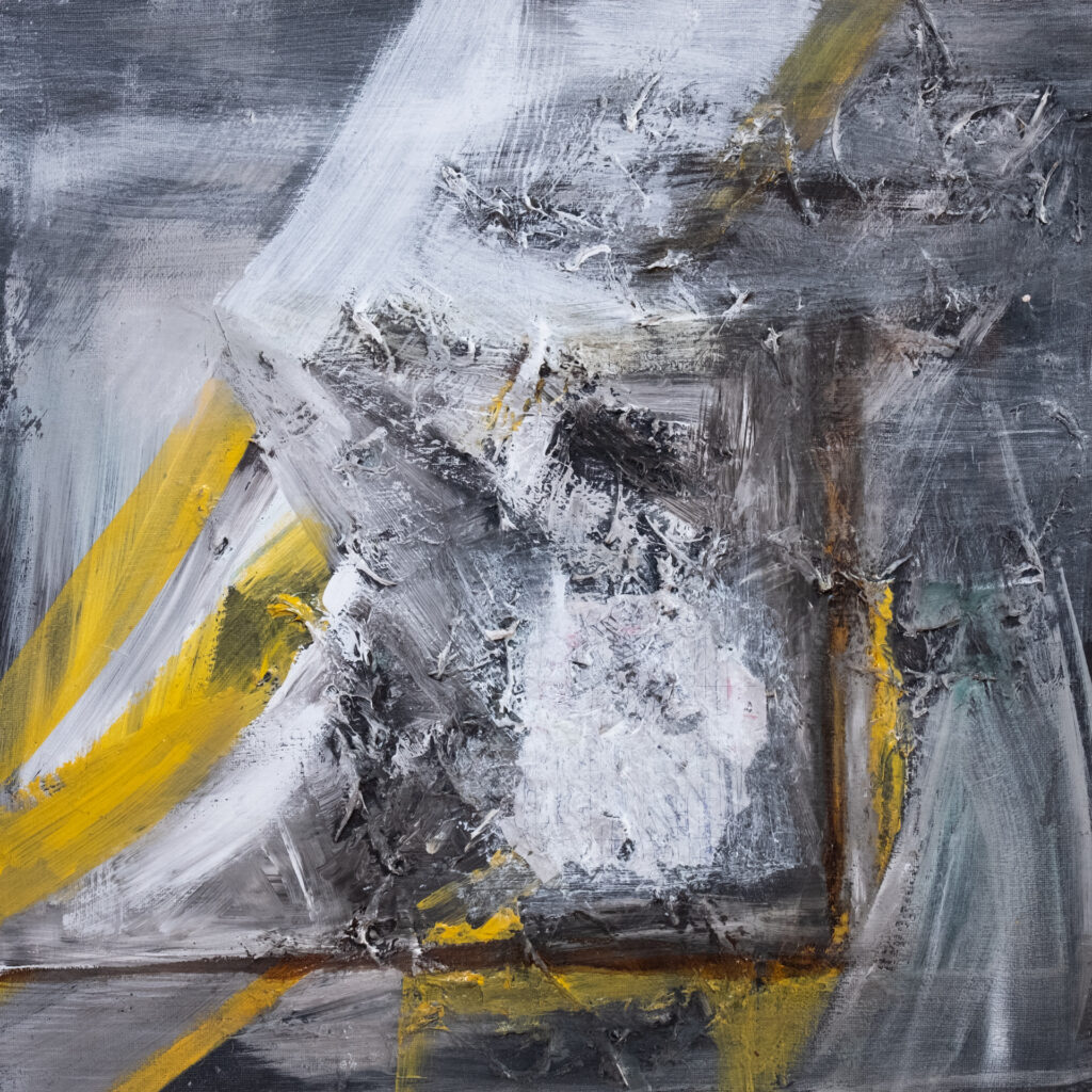 Grau mit Gelb, Mischtechnik auf Spanplatte, 62 x 62 cm, 1982