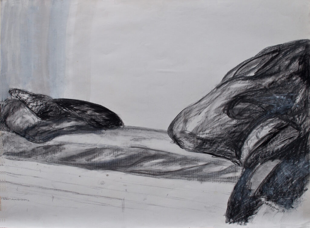 Bettlandschaft 2, Kohle, Dispersion/Karton, 67 x 90 cm