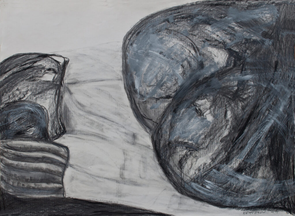 Bettlandschaft 7, Kohle, Dispersion/Karton, 67 x 90 cm, 1984