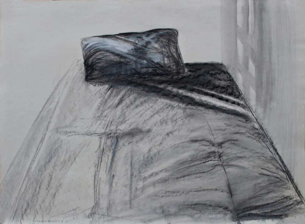 Bettlandschaft 5, Kohle, Dispersion/Karton, 67 x 90 cm, 1984