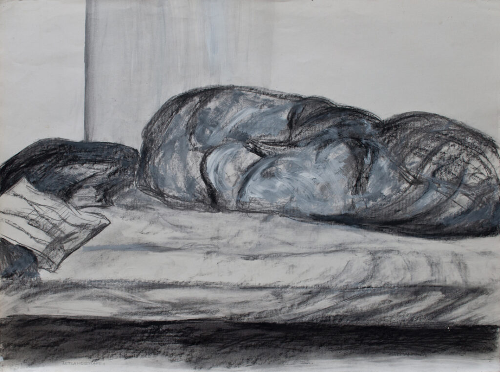 Bettlandschaft 1, Kohle, Dispersion/Karton, 67 x 90 cm, 1984