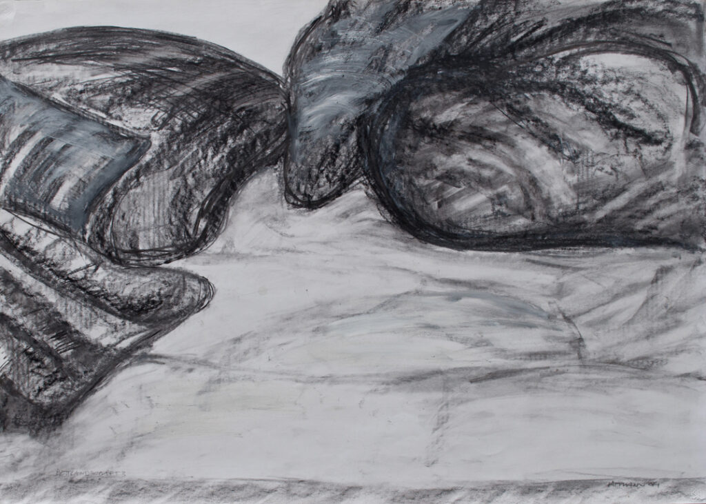 Bettlandschaft 3, Kohle, Dispersion/Karton, 67 x 90 cm, 1984