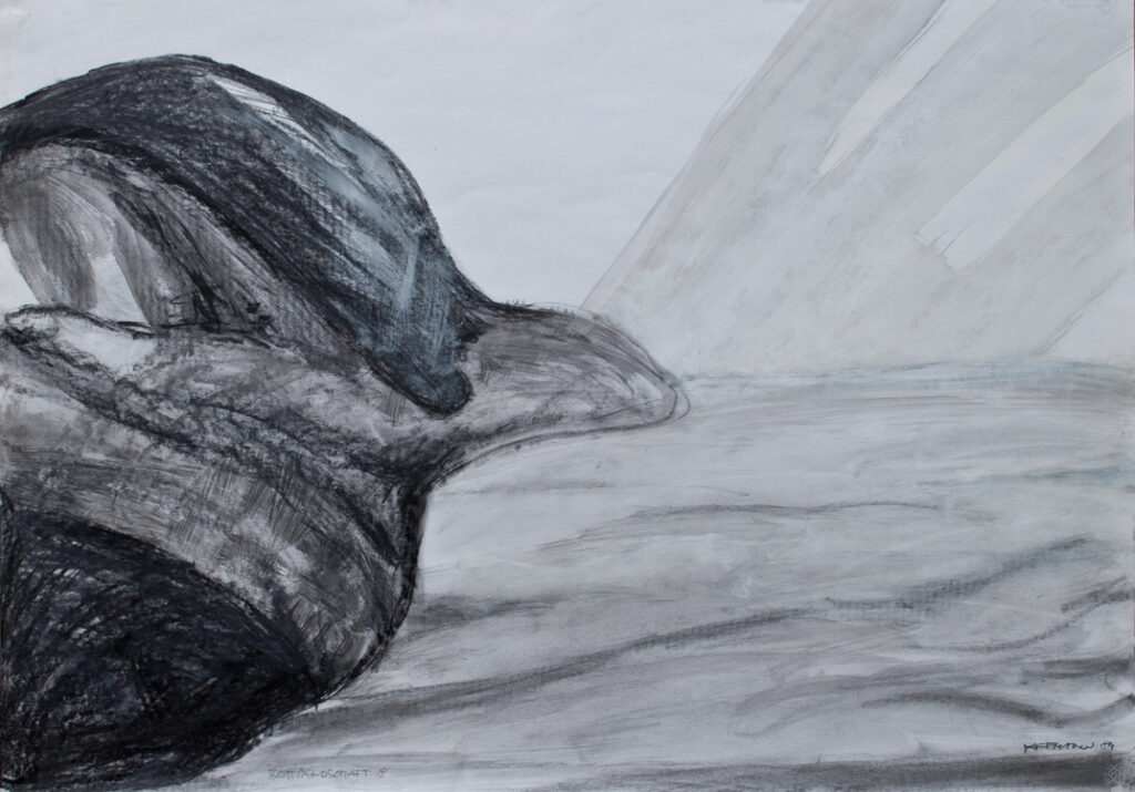 Bettlandschaft 8, Kohle, Dispersion/Karton, 67 x 90 cm, 1984
