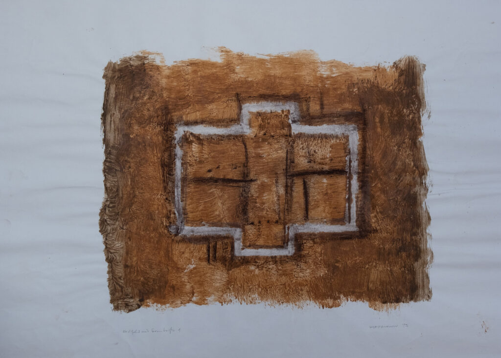 Erdfeld mit Grundriss 1, Acryl/Erde, 66 x48cm, 1993